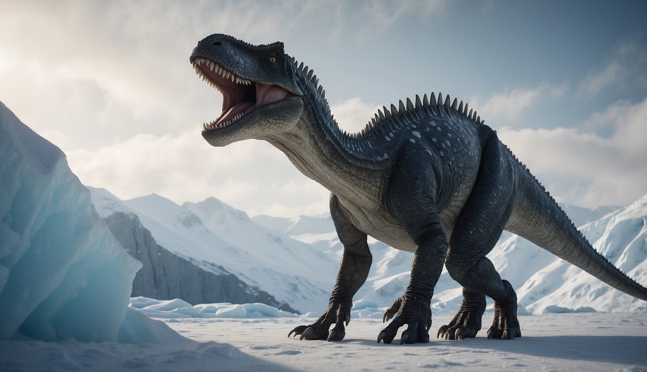 A towering Nanuqsaurus roams through a snowy Arctic landscape, surrounded by icy cliffs and frozen tundra.

The dinosaur's sharp teeth and powerful frame convey its dominance in this harsh, unforgiving environment