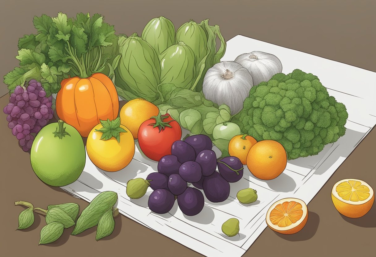 A table with various fruits and vegetables, some ripe and some unripe. A hand-held tool for testing ripeness is nearby