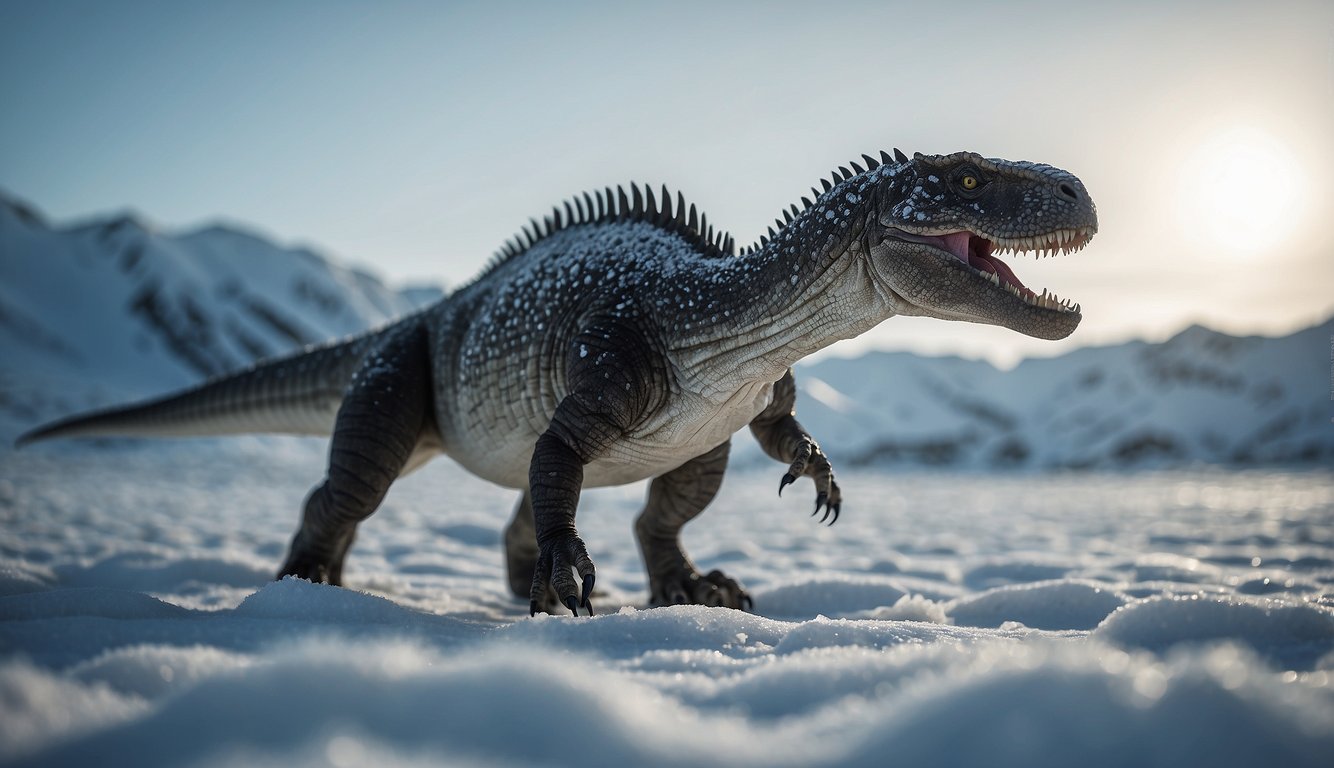 A Nanuqsaurus roams the icy tundra, its sharp teeth and powerful legs ready to hunt.

Snowflakes swirl around the fearsome predator as it surveys its frozen domain