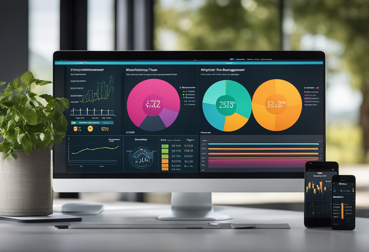 A modern, sleek computer screen displays a vibrant, user-friendly interface of the cutting-edge organic farm management software. Graphs, charts, and data are seamlessly integrated, showcasing its advanced capabilities
