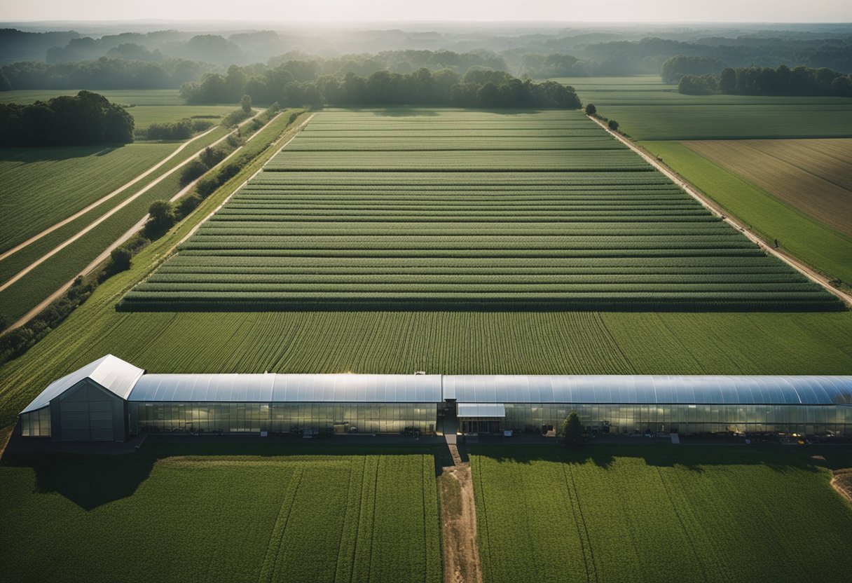 A bustling organic farm with modern software at the center, surrounded by fields and greenhouses, showcasing innovation and efficiency