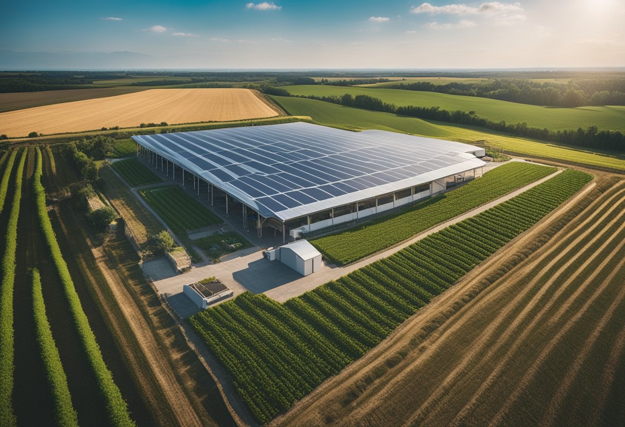 A modern, high-tech organic farm with advanced software managing operations, ensuring compliance and certification, and staying ahead of the competition
