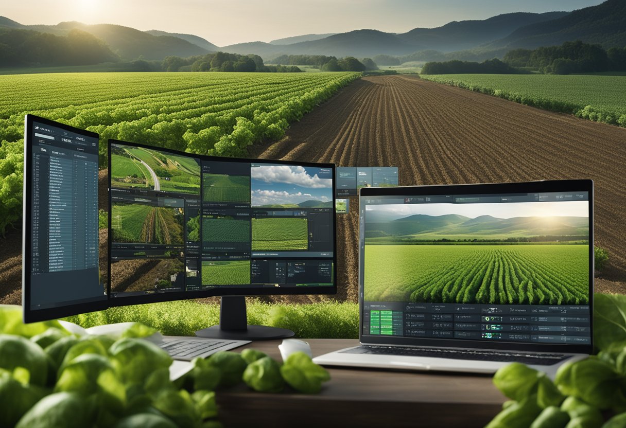 A bustling farm with modern technology and equipment, fields of organic crops, and a sleek, user-friendly software interface displayed on a computer screen