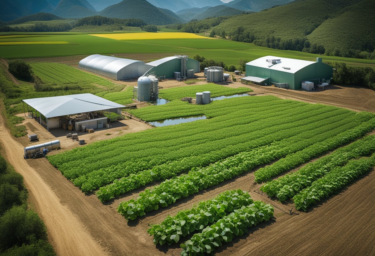 A lush, thriving organic farm with advanced irrigation and fertigation systems. The software interface displays real-time data and management tools