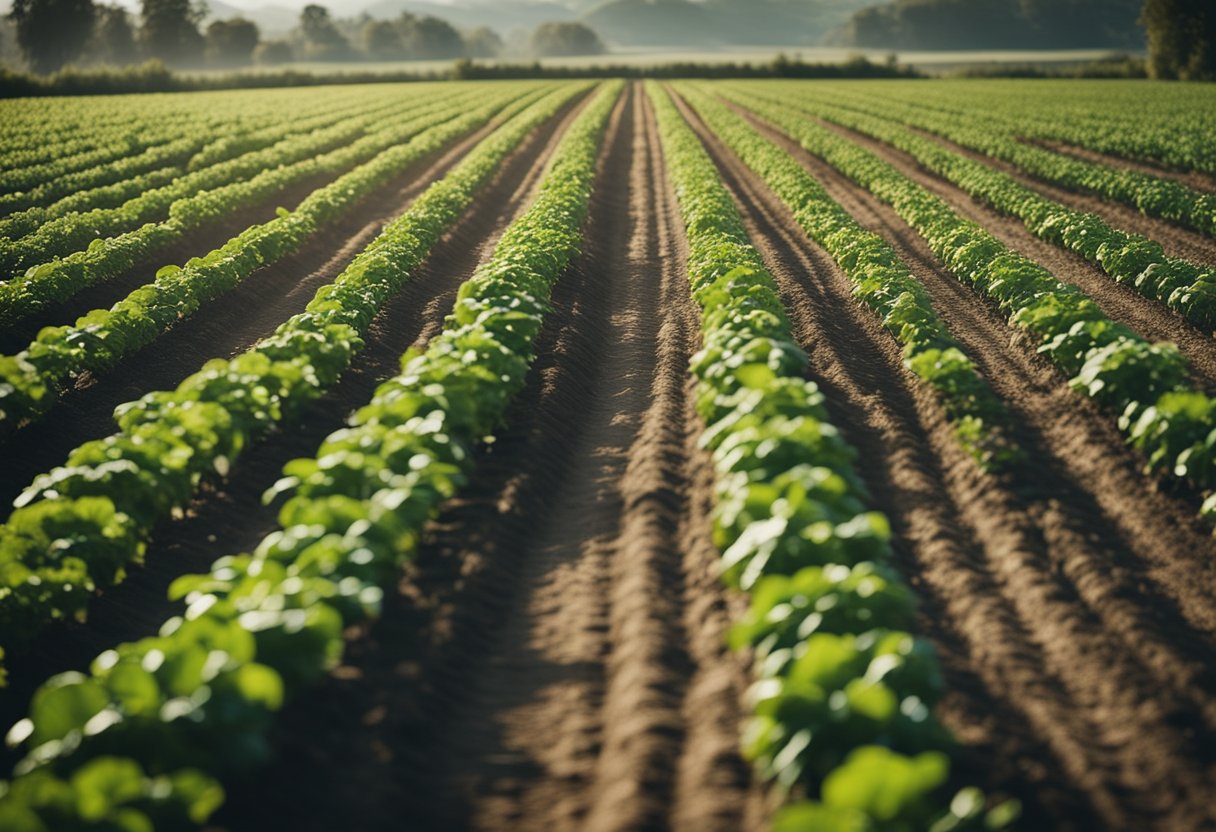 A bustling organic farm with advanced software managing finances and labor, giving it a competitive edge