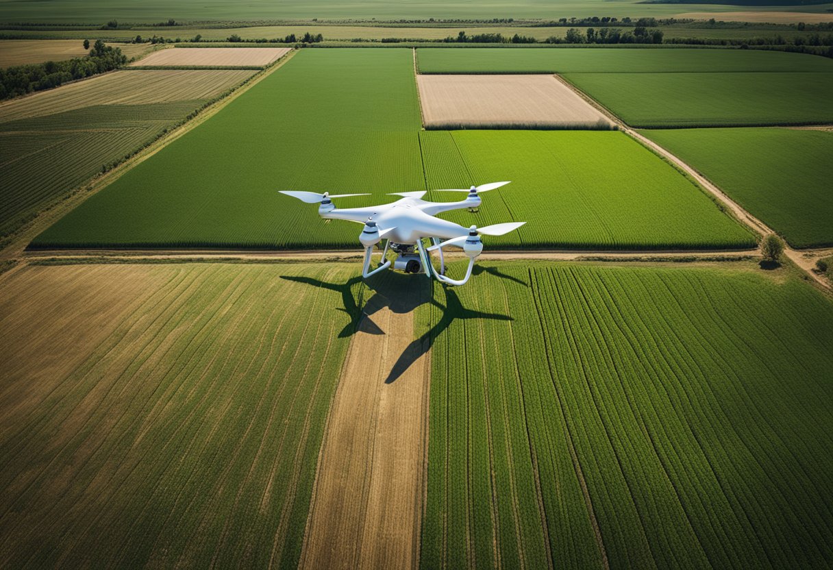 A modern organic farm with high-tech software, sensors, and drones optimizing crop management for maximum efficiency and productivity