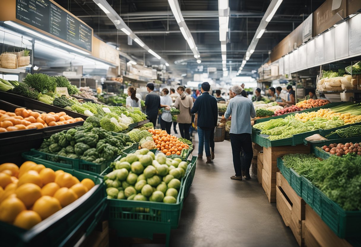 A bustling market with various organic produce vendors. A digital screen displays advanced farm management software. Customers and vendors interact seamlessly