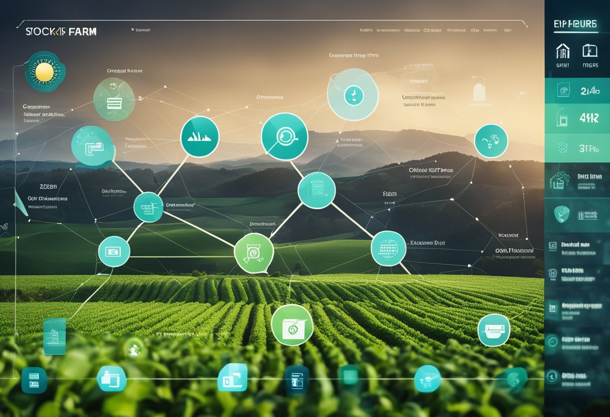 A modern, high-tech organic farm management software interface with dynamic graphics and sleek design