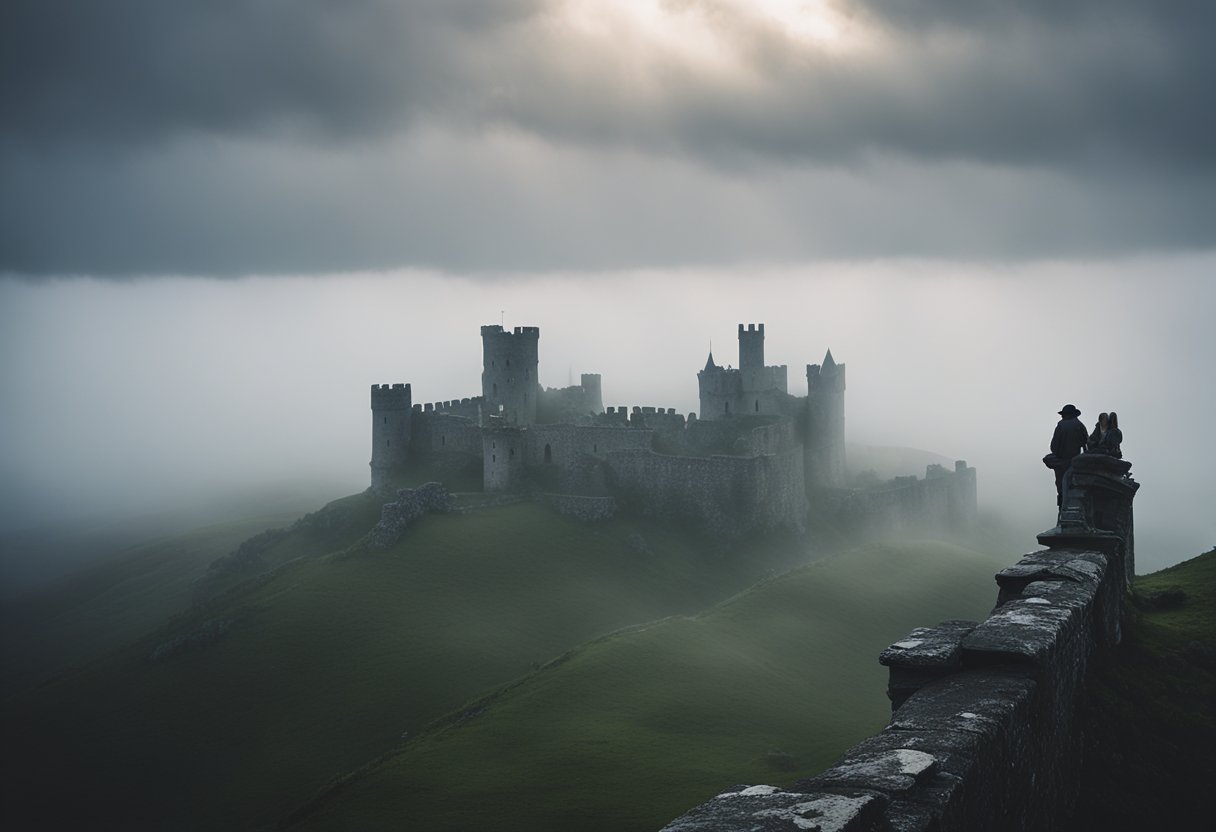 The Haunted Castles of Ireland and Scotland - Misty moors surround ancient castles, their turrets reaching into the stormy sky. Gargoyles leer from weathered walls, while ghostly figures drift through the fog