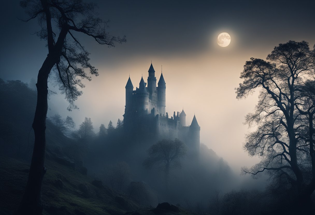 The Haunted Castles of Ireland and Scotland - A misty, moonlit castle looms over a rugged landscape, surrounded by ancient trees and eerie shadows. Wisps of fog dance around the turrets, hinting at the supernatural secrets within