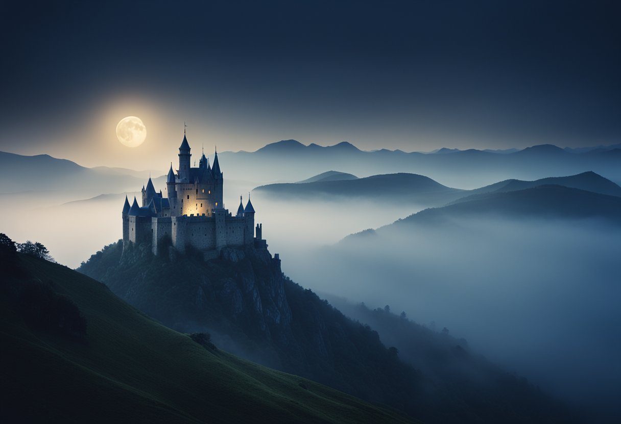 The Haunted Castles of Ireland and Scotland: Exploring Enigmatic Legends and Lore - A misty, moonlit castle looms over a rugged landscape, shrouded in mystery and surrounded by ancient tales