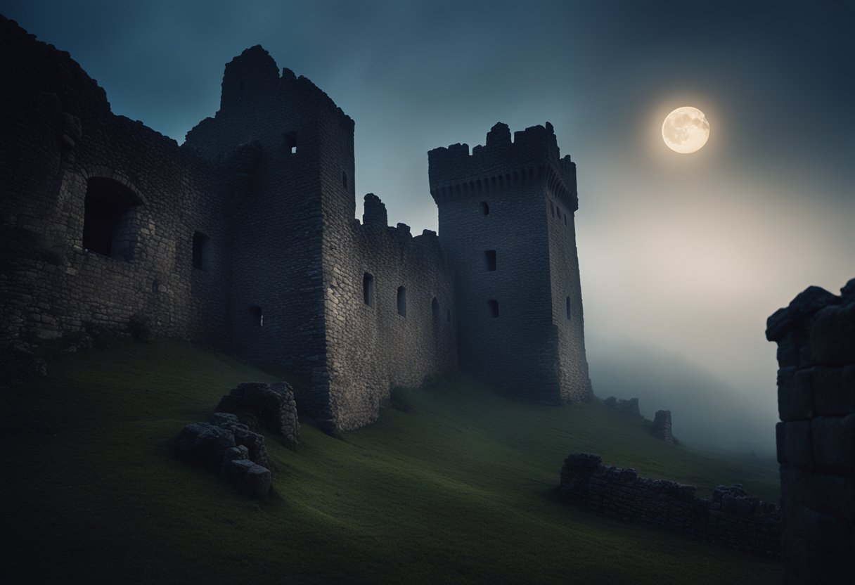 The Haunted Castles of Ireland and Scotland: Exploring Enigmatic Legends and Lore - A misty moonlit night at a crumbling castle, with eerie shadows and ghostly figures flitting among the ancient stone walls