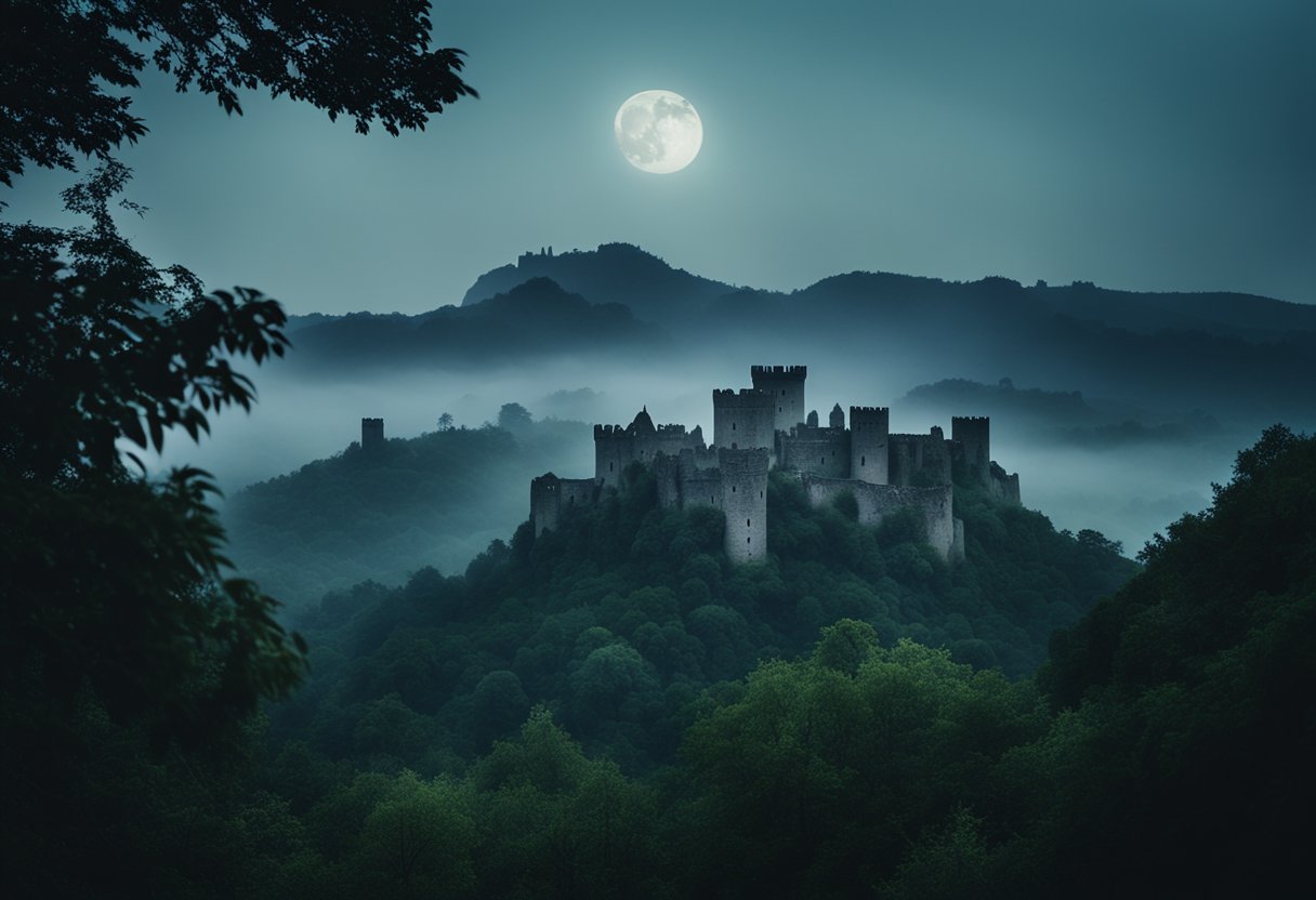 The Haunted Castles of Ireland and Scotland: Exploring Enigmatic Legends and Lore - A misty, moonlit landscape with ancient castles looming in the background, surrounded by lush greenery and eerie, otherworldly atmosphere