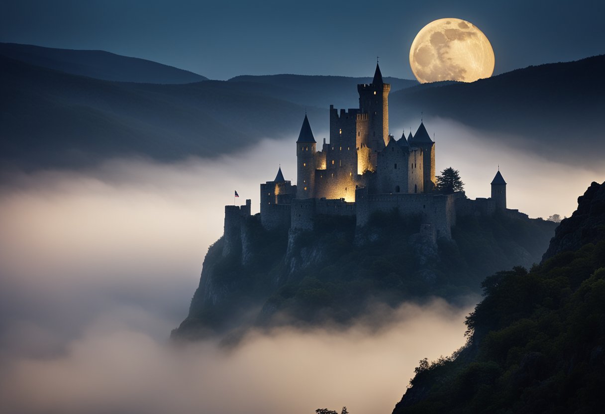 The Haunted Castles of Ireland and Scotland -  Misty moonlit castles stand on rugged cliffs, surrounded by swirling fog. Ancient stone walls hold secrets of myths and mysteries