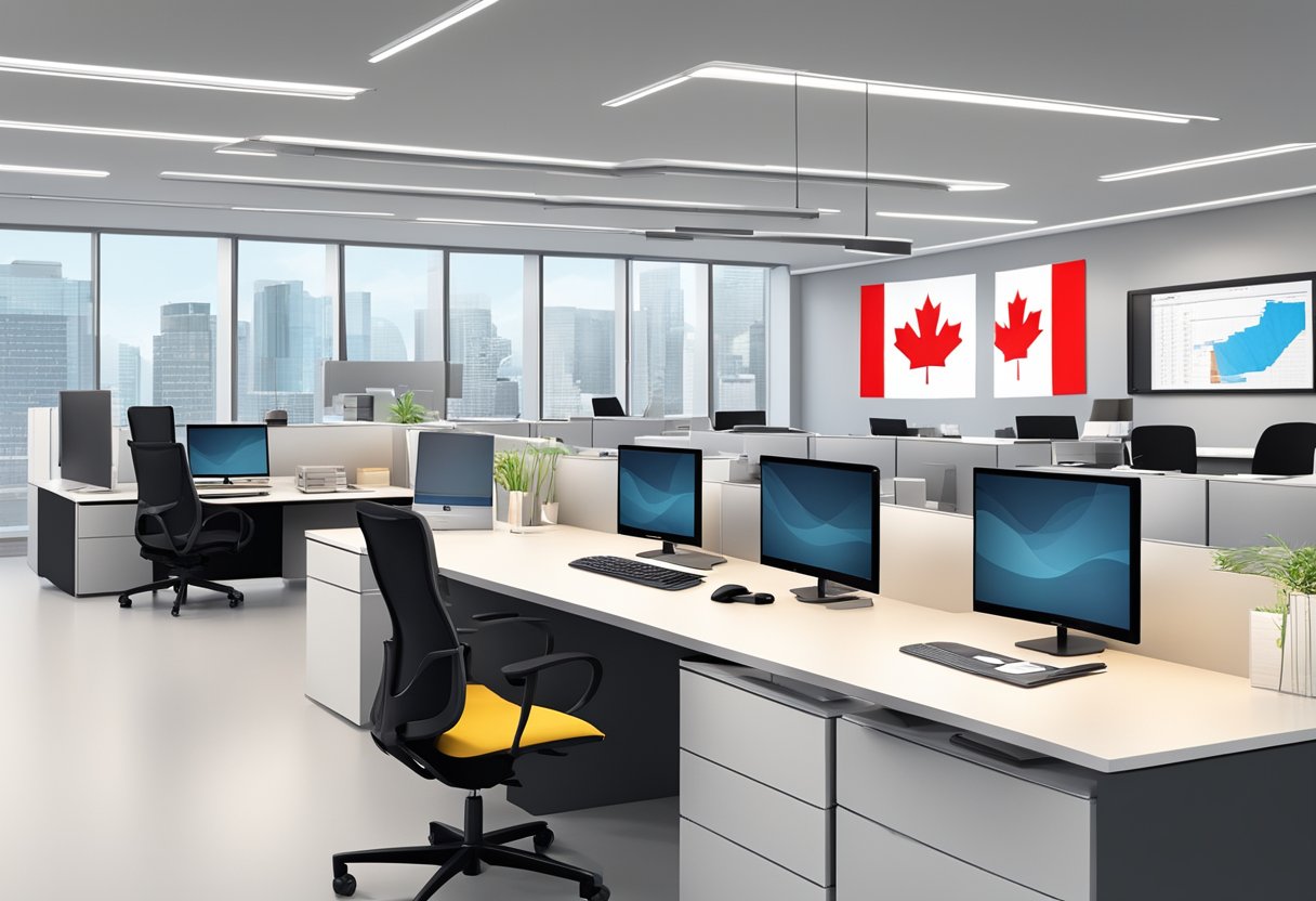 A modern office setting with Canadian flags, computer screens, and financial documents, showcasing the efficient operations of Canada EFT Solutions