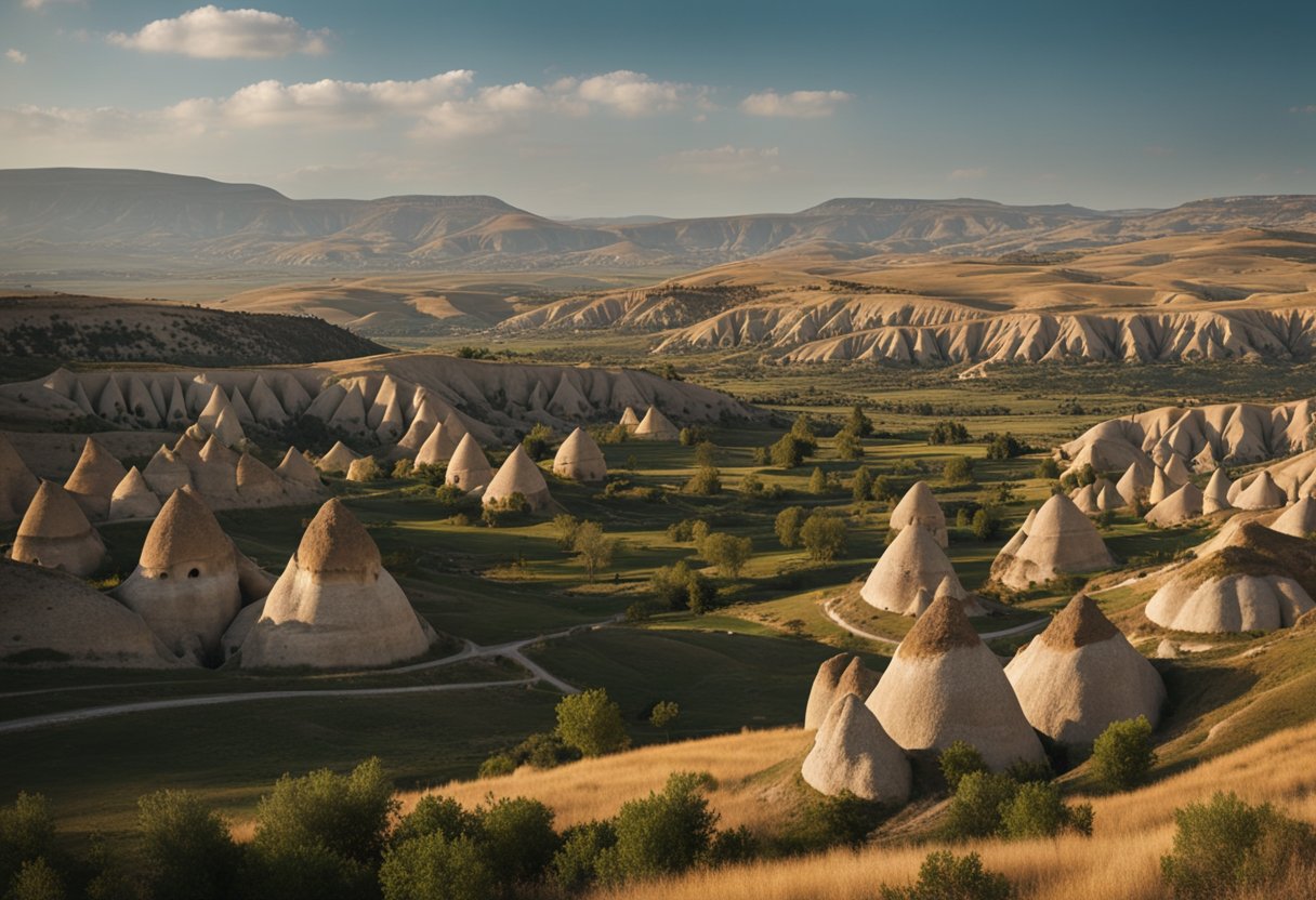 Rolling hills, rugged cliffs, and unique rock formations in Cappadocia. Underground cities carved into the stone, showcasing the region's rich history
underground cities of Cappadocia