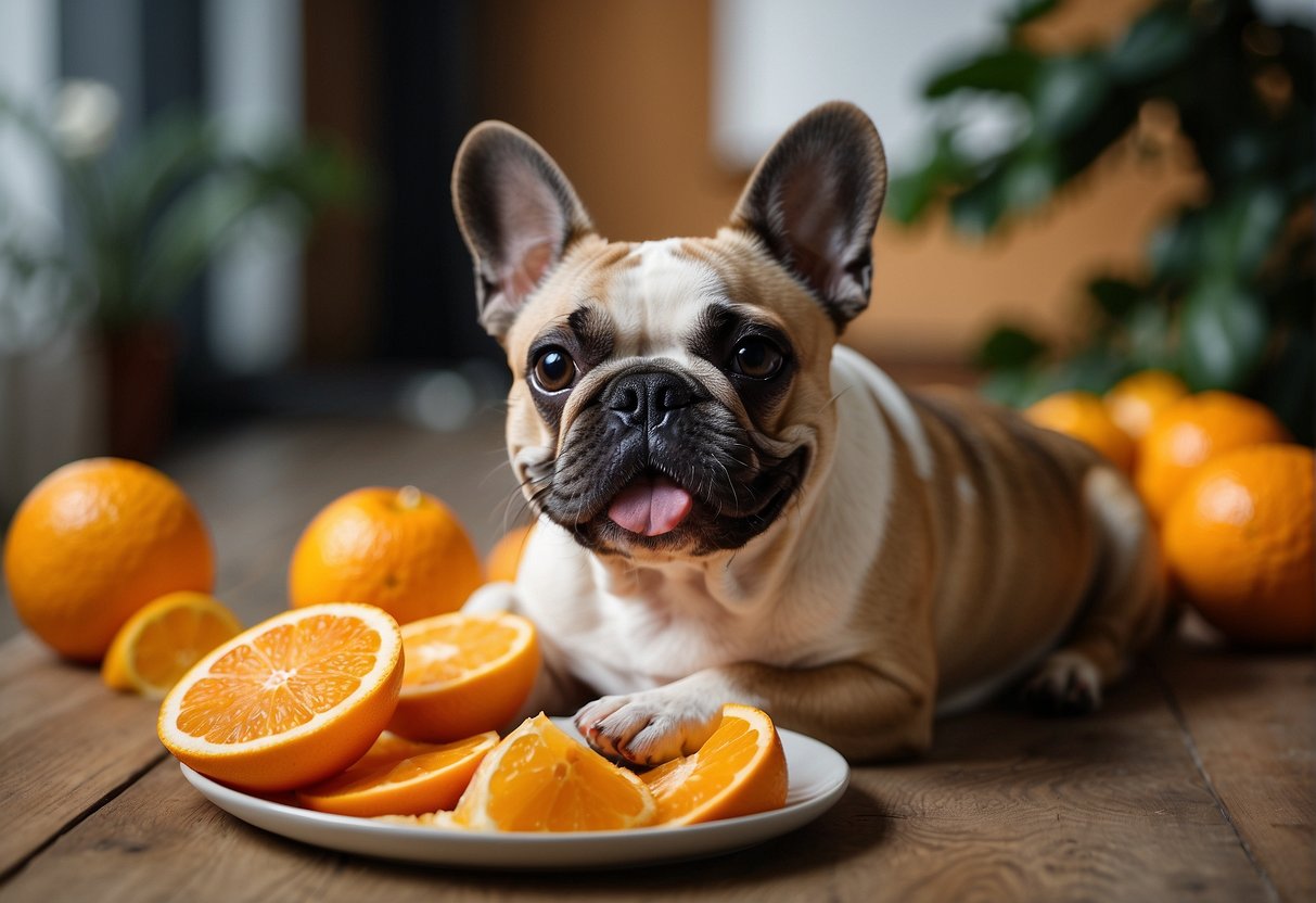 A French bulldog happily munches on a juicy orange, its tail wagging with delight
