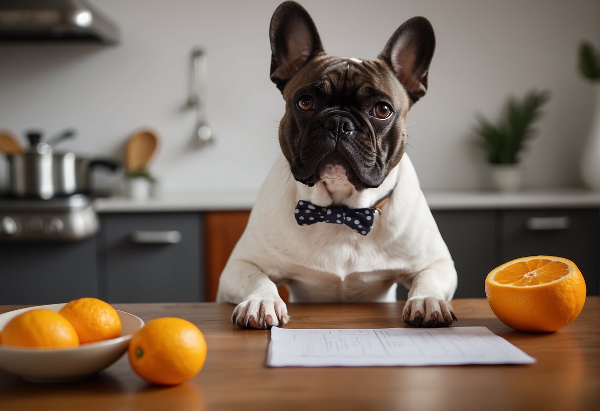 A French Bulldog sits next to a bowl of oranges, looking curious. A veterinarian holds a chart of safe foods for dogs