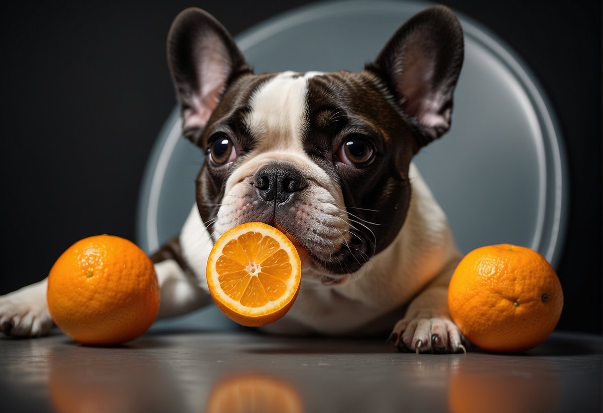 A French bulldog happily eats an orange, showing the connection between feeding practices and digestive health