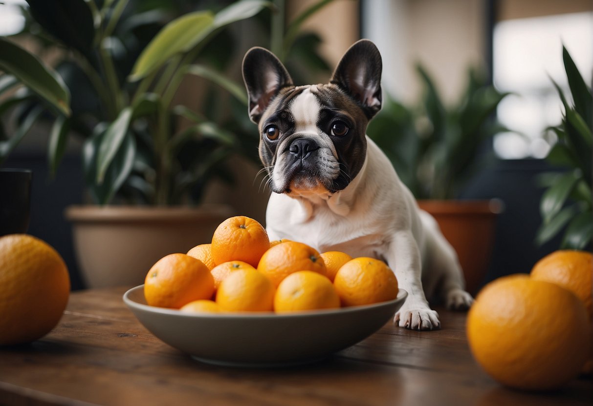 A French bulldog sits in front of a bowl of oranges, looking curious and eager to eat them