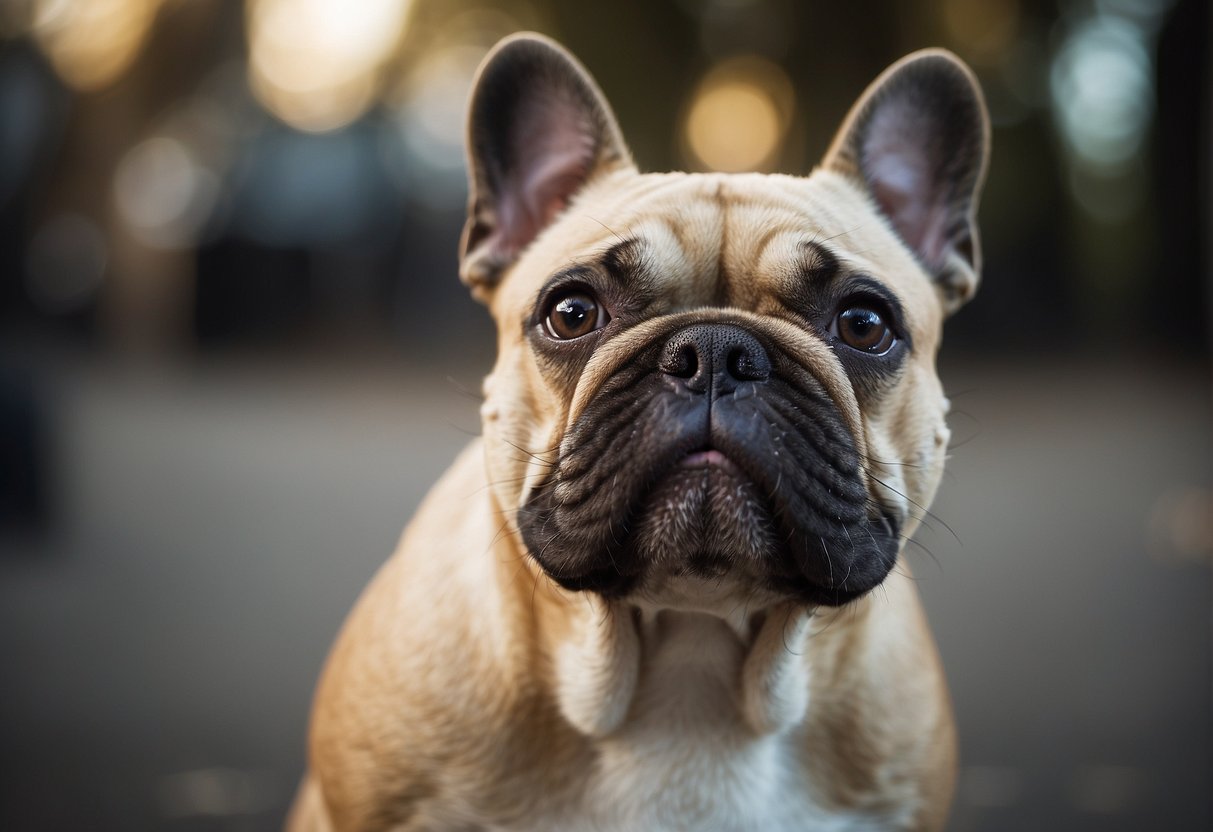 A French Bulldog drools while looking up with a relaxed expression