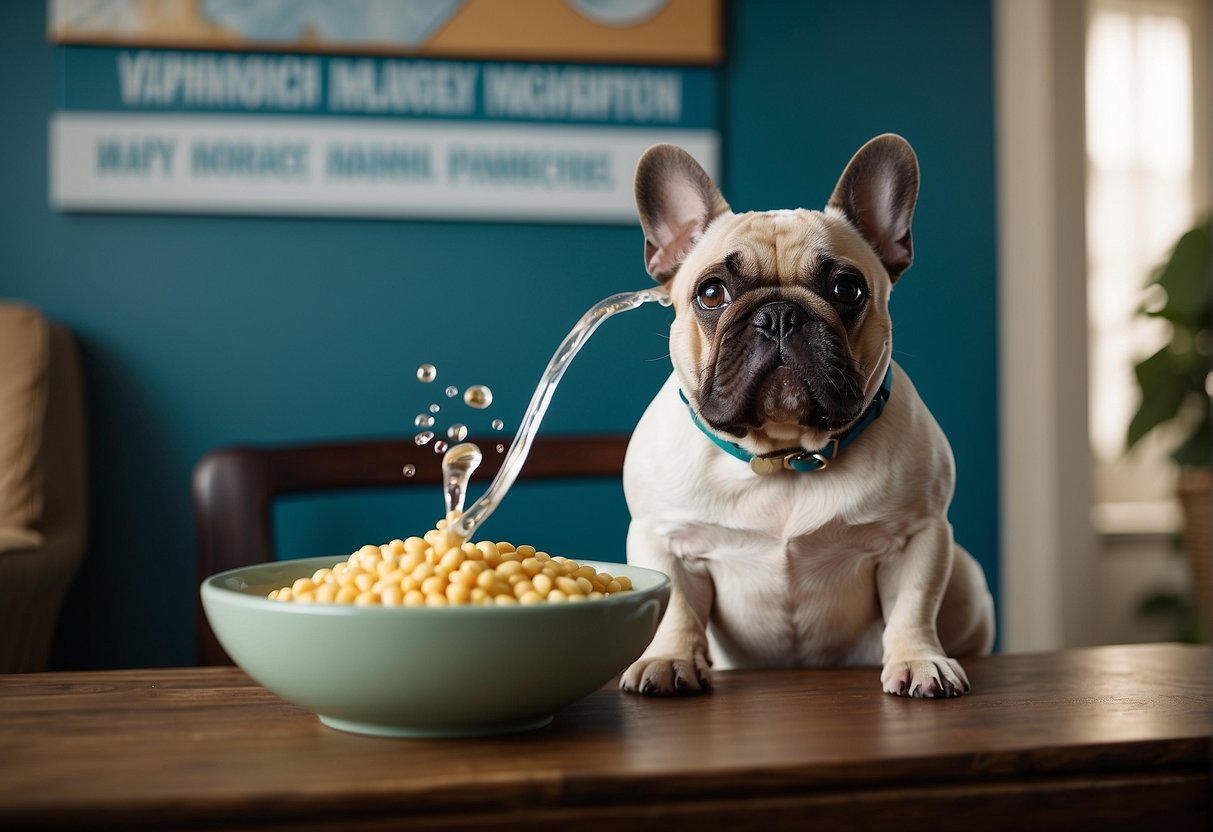 A French bulldog sits next to a bowl of water, with a drool hanging from its mouth, while a sign in the background reads "Health Management and Prevention."