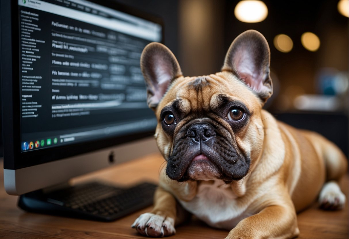 A French bulldog sits with a tilted head, drooling slightly, while a person reads a "Frequently Asked Questions" page on a computer screen