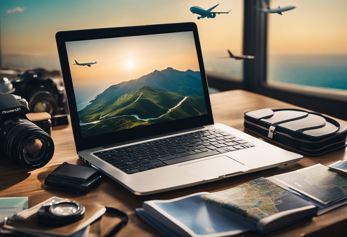 A laptop surrounded by various travel-related items, such as a passport, map, and camera. A beach or mountain landscape visible through a window