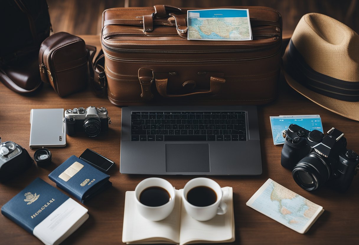 A laptop with a variety of products displayed on a screen, surrounded by travel essentials like a passport, camera, and map. A suitcase sits nearby, ready to be packed for the next adventure