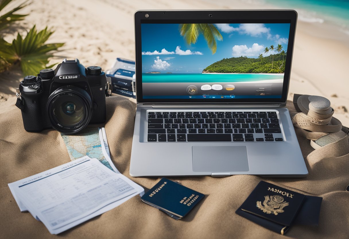 A laptop open on a tropical beach, surrounded by travel guides, camera equipment, and a passport. A map of the world and a notepad with "35 Ways to Make Money While Traveling" written on it