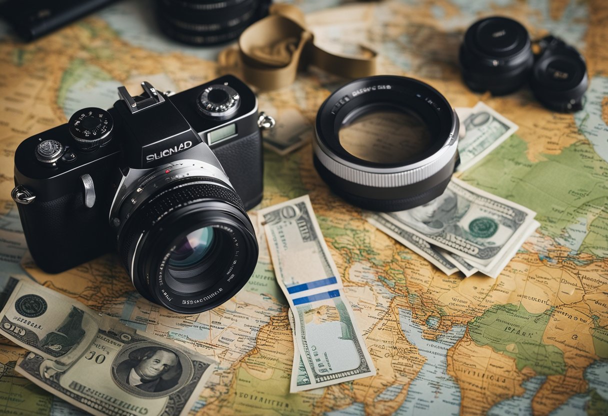 A camera and travel essentials laid out on a map with various currency notes scattered around