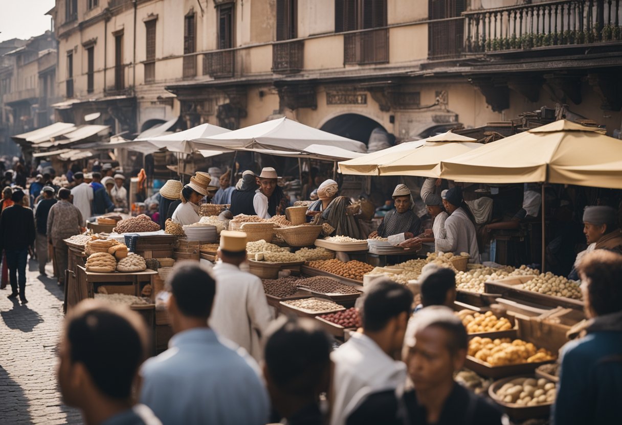 A bustling marketplace with vendors selling local crafts, street performers entertaining crowds, and tourists enjoying guided tours and cultural experiences