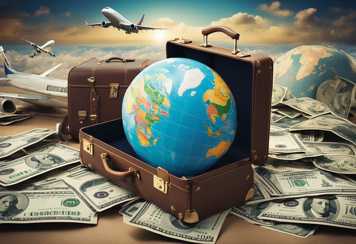 A globe surrounded by currency symbols, stock charts, and exotic landmarks, with a suitcase and passport nearby