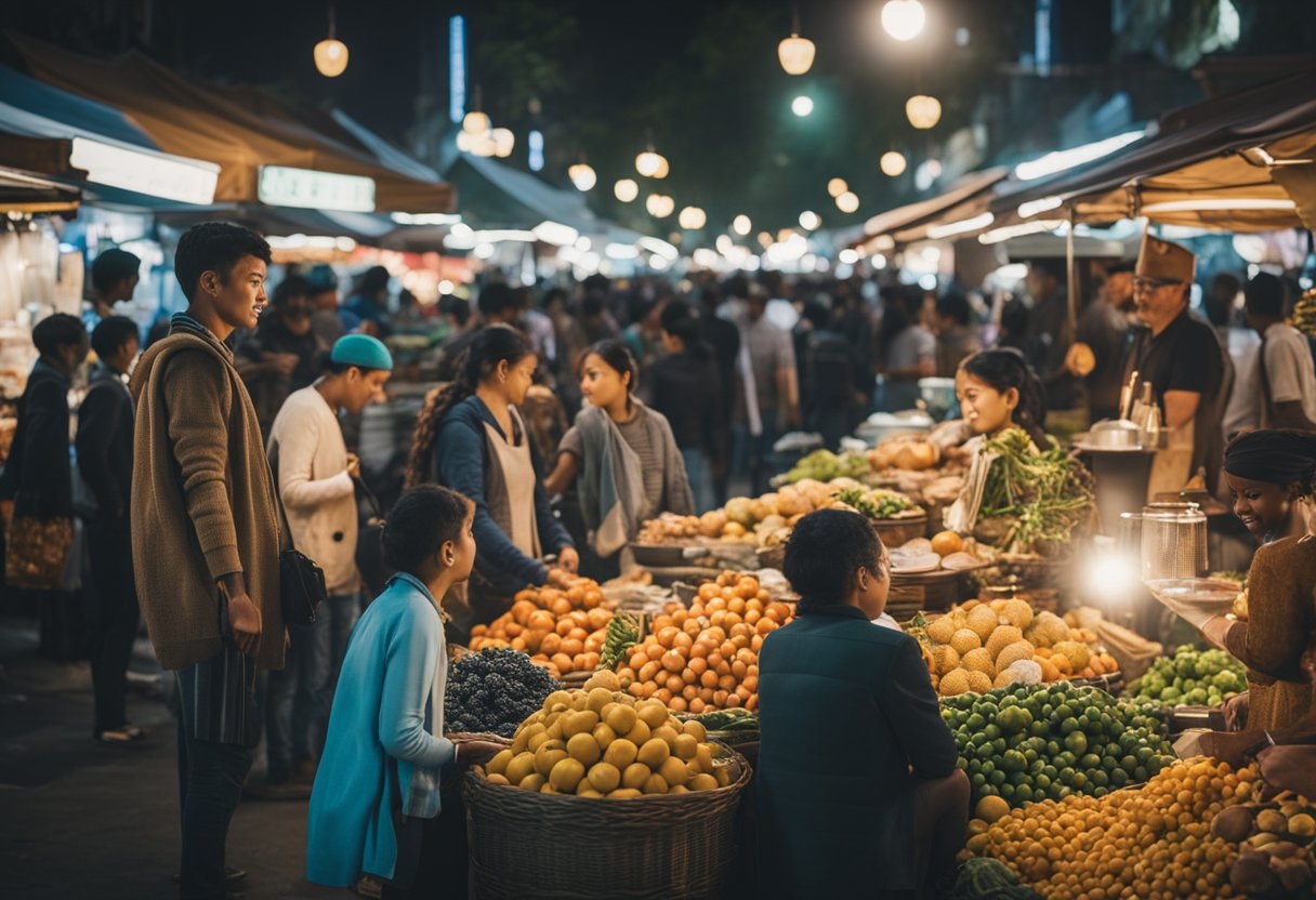 Colorful market stalls with various goods, street performers, and food vendors. People bustling around, exchanging money and goods. A vibrant and lively atmosphere