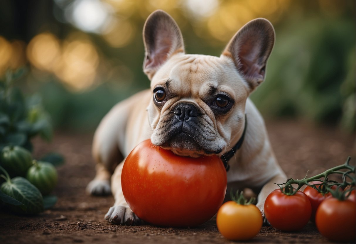 A French bulldog munches on a ripe tomato, its tail wagging happily