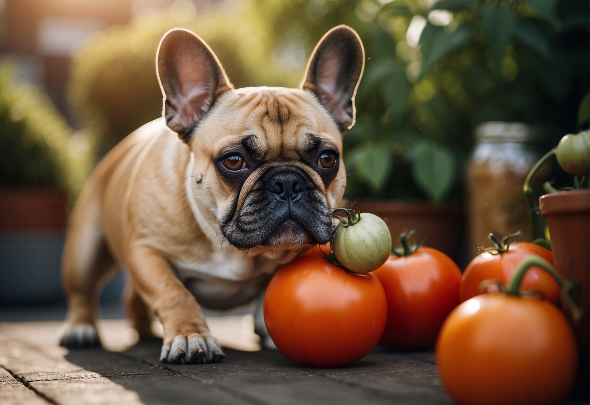 A French bulldog happily munches on a ripe tomato, showcasing its health benefits and nutritional value