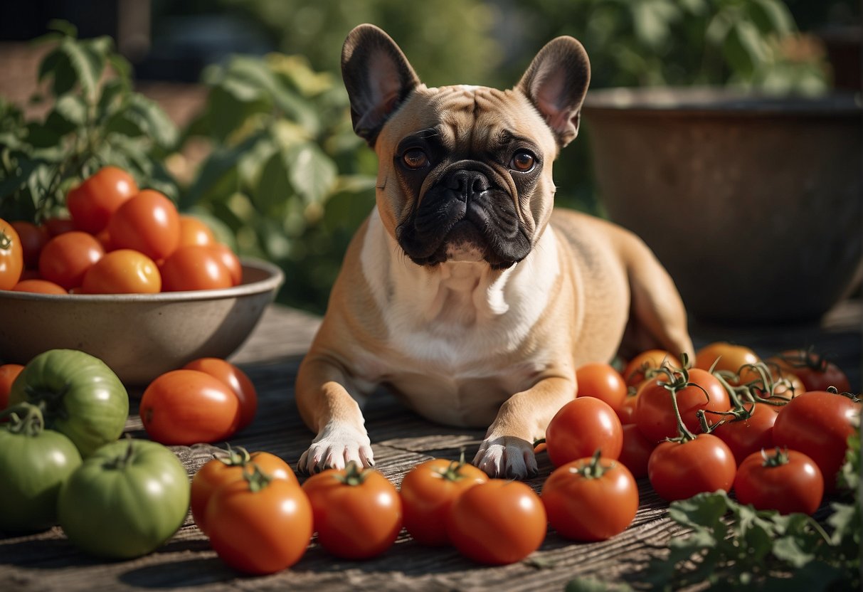 A French bulldog near a pile of tomatoes, with a caution sign and a bowl of water nearby