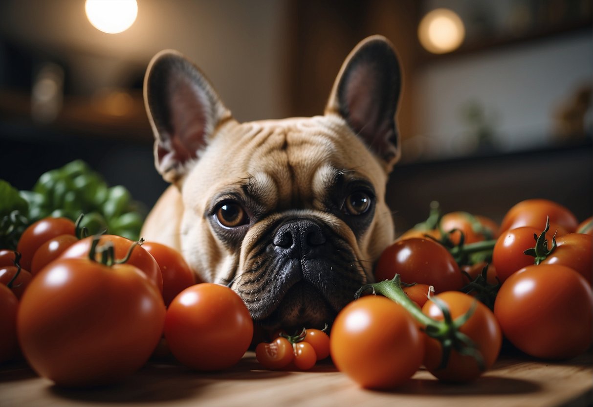 A French bulldog eagerly sniffs a pile of ripe tomatoes, while a concerned owner looks on