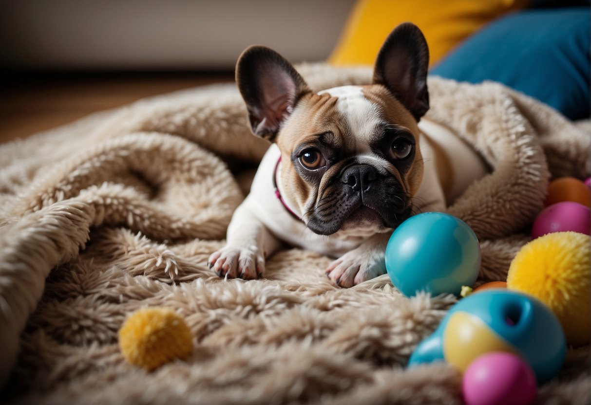 A French bulldog lies on a cozy blanket, its breathing slows, and its eyes droop as it relaxes, surrounded by its favorite toys