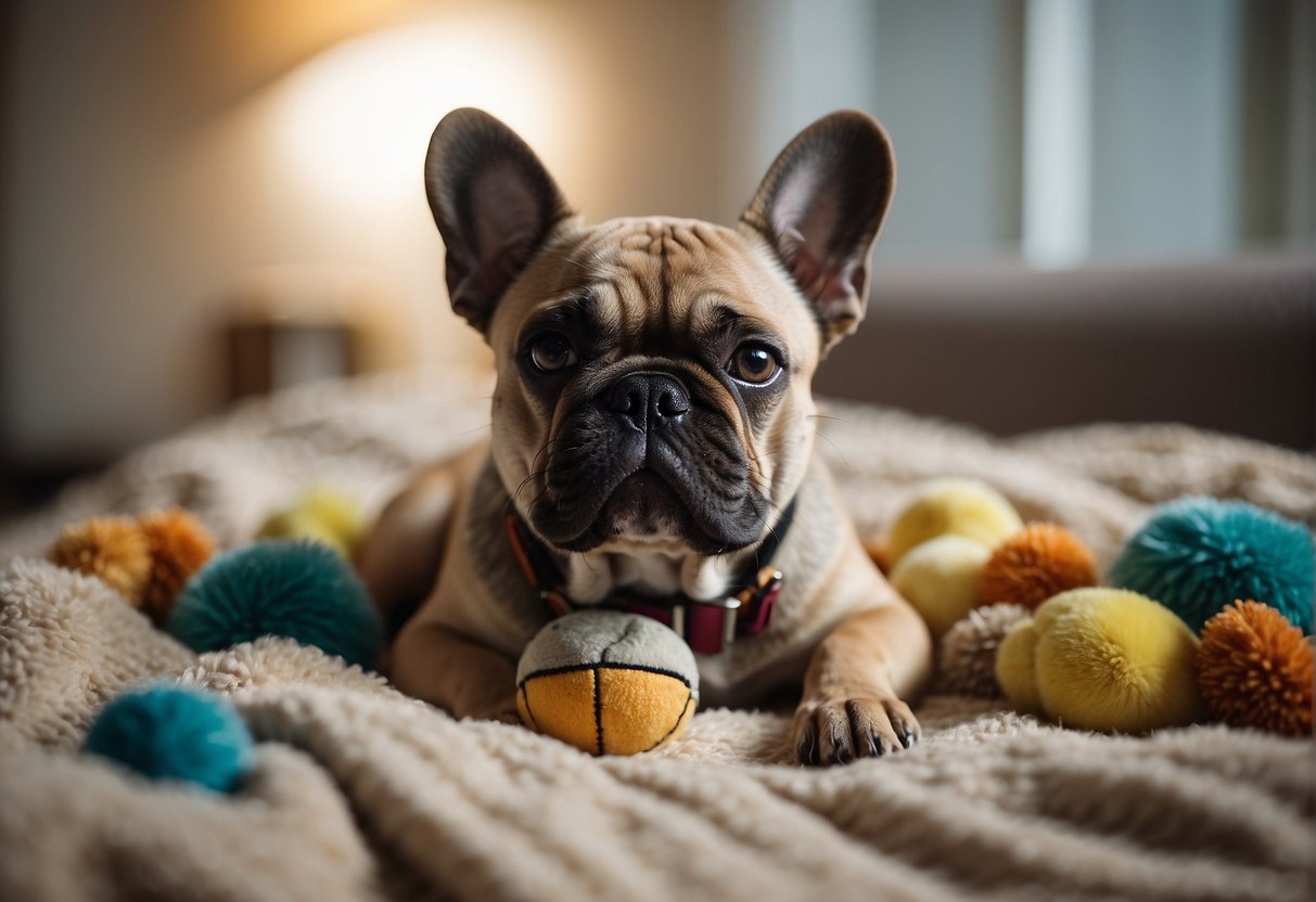 A French Bulldog lies peacefully on a soft blanket, surrounded by toys. Its ears perk up as it watches a butterfly flutter by, showing signs of a calm and content demeanor