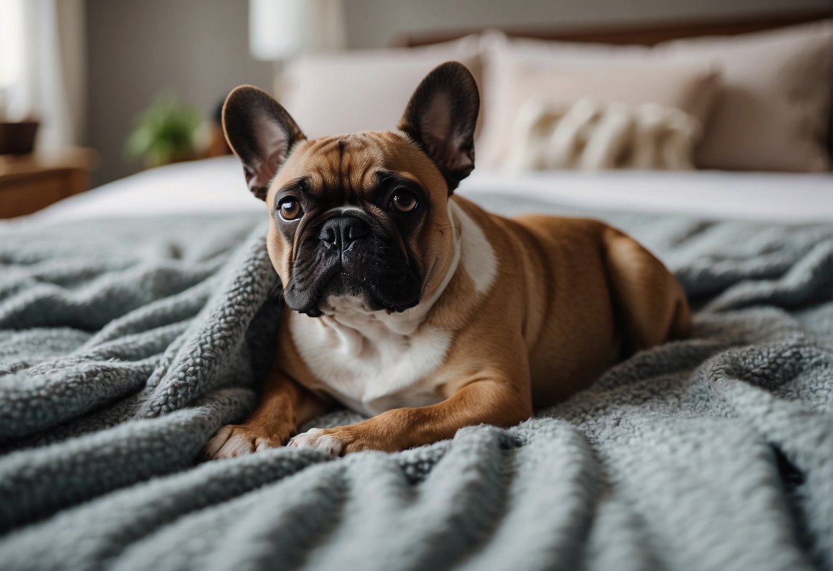 A French bulldog lies peacefully on a cozy bed, surrounded by calming objects like toys and a soft blanket. The room is filled with natural light, creating a serene atmosphere