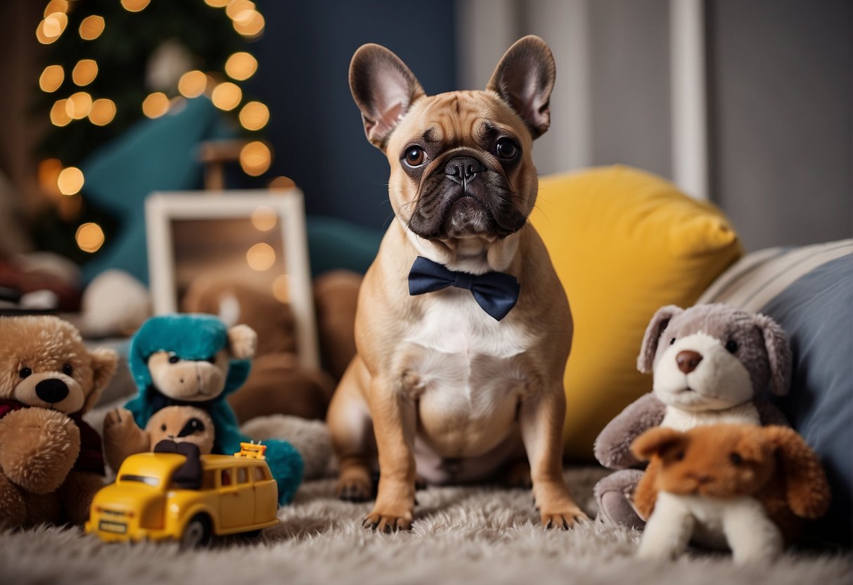 A French bulldog sitting calmly, surrounded by toys and a cozy bed, while a person reads a book and pets the dog