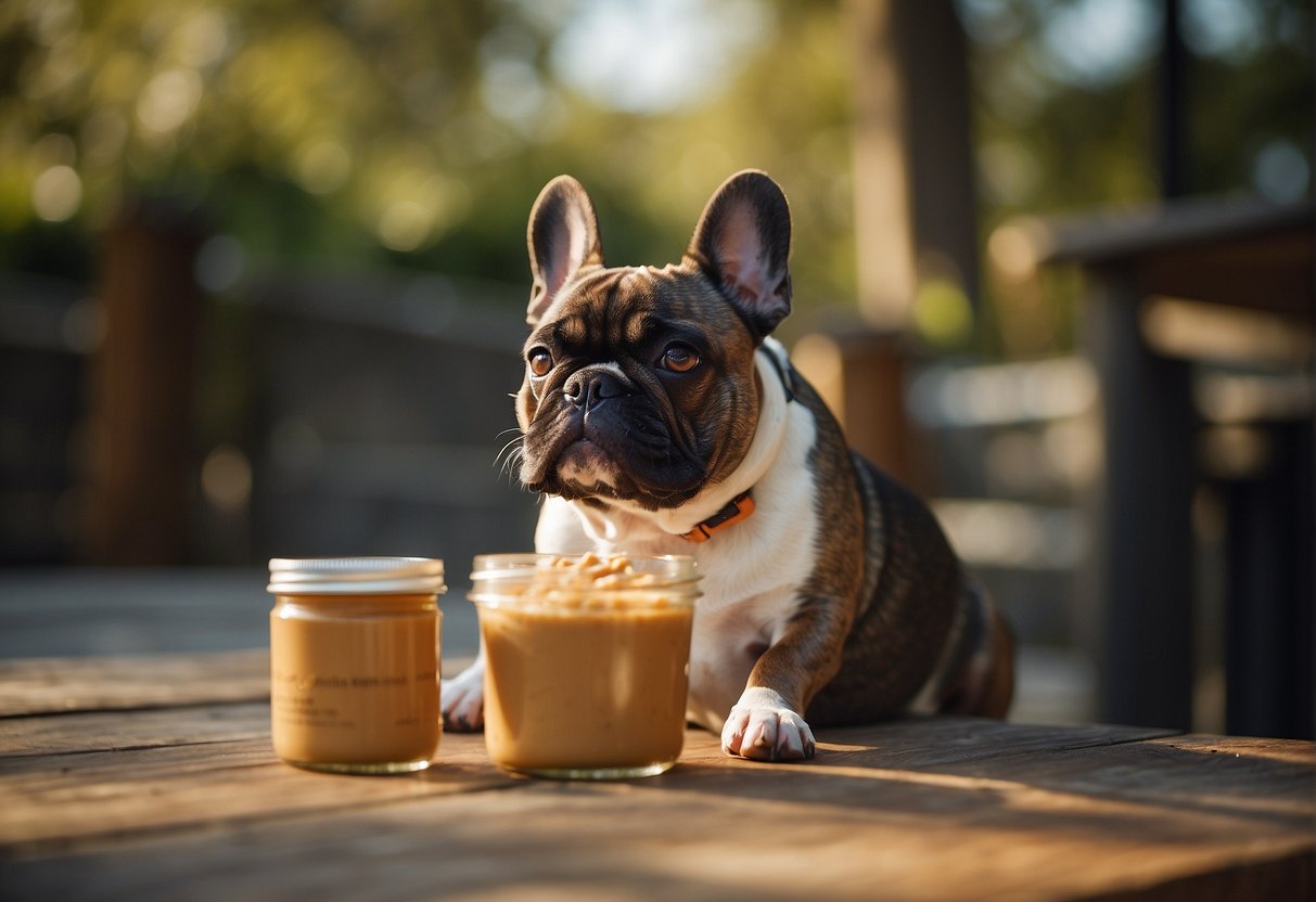 A French Bulldog eagerly consumes a dollop of peanut butter