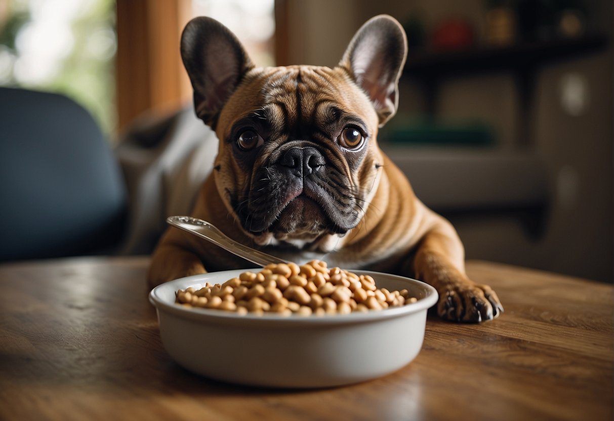 A French Bulldog eagerly licks peanut butter from a spoon, while a bag of dog food and a bowl of fresh water sit nearby