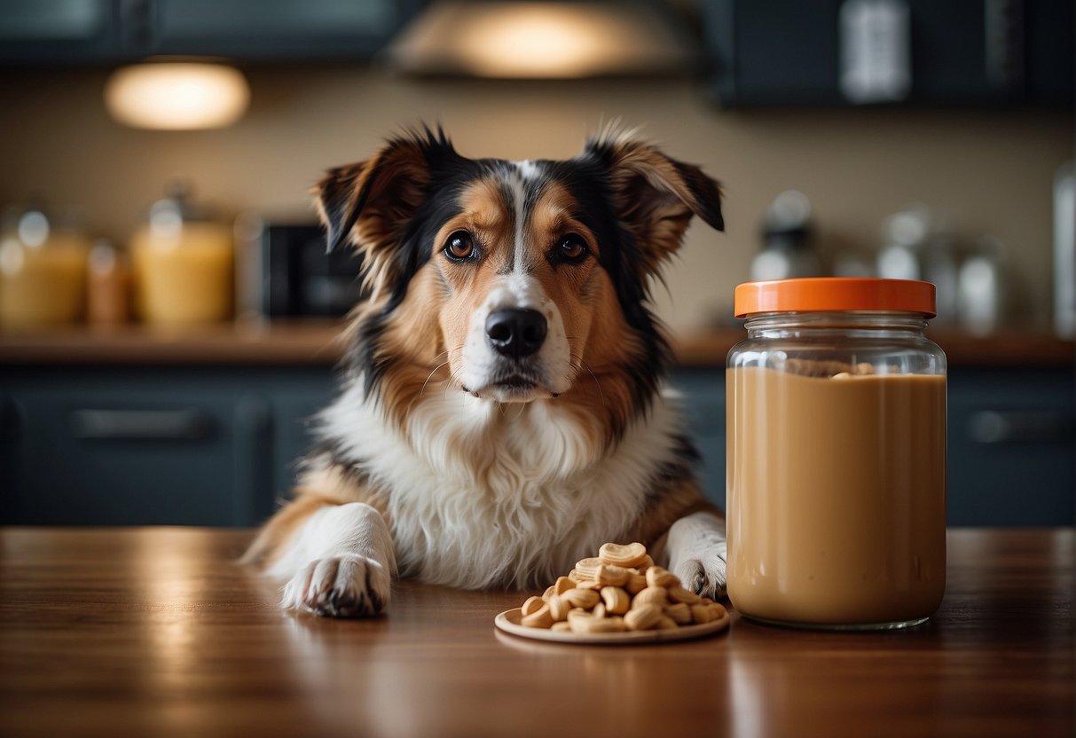 A dog with a jar of peanut butter, caution sign, and a vet's recommendation