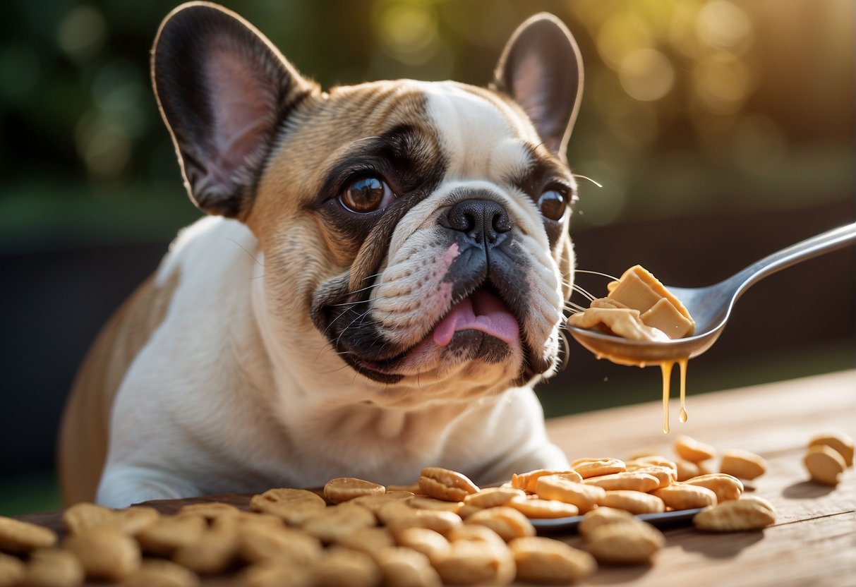 A French bulldog eagerly licking peanut butter from a spoon, with a puzzled expression