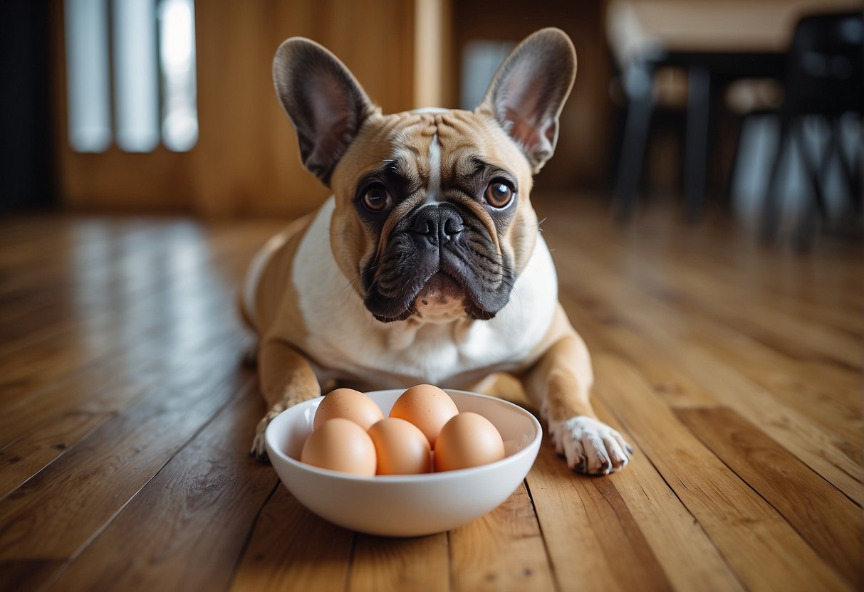 A French bulldog eagerly eating a cooked egg from a white bowl on a wooden floor