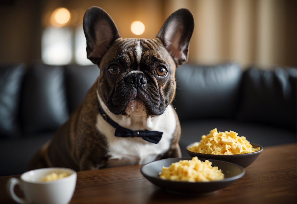 A French bulldog eagerly eats a bowl of scrambled eggs, showcasing their nutritional profile for canine consumption