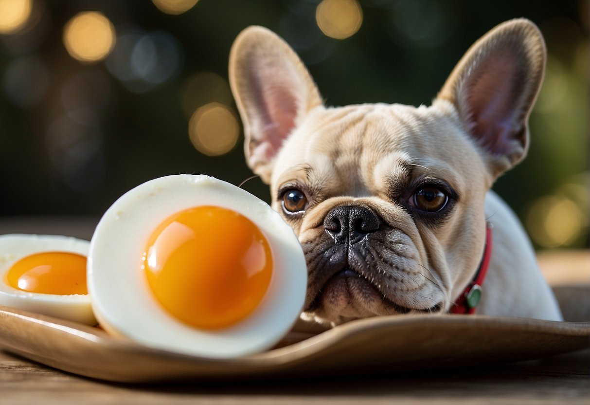 A French bulldog happily eats a cooked egg, with a vet-approved portion size nearby
