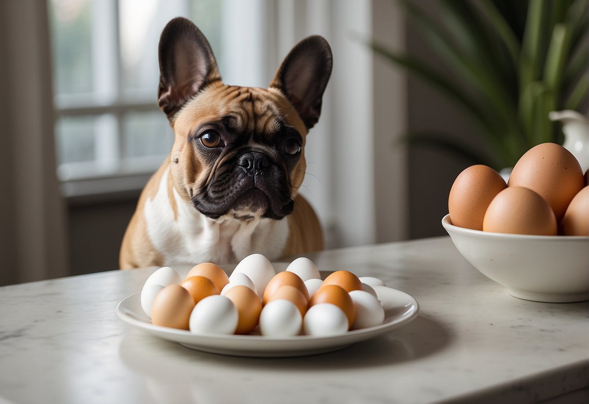A French bulldog eagerly eyes a plate of eggs, while a question mark hovers above its head